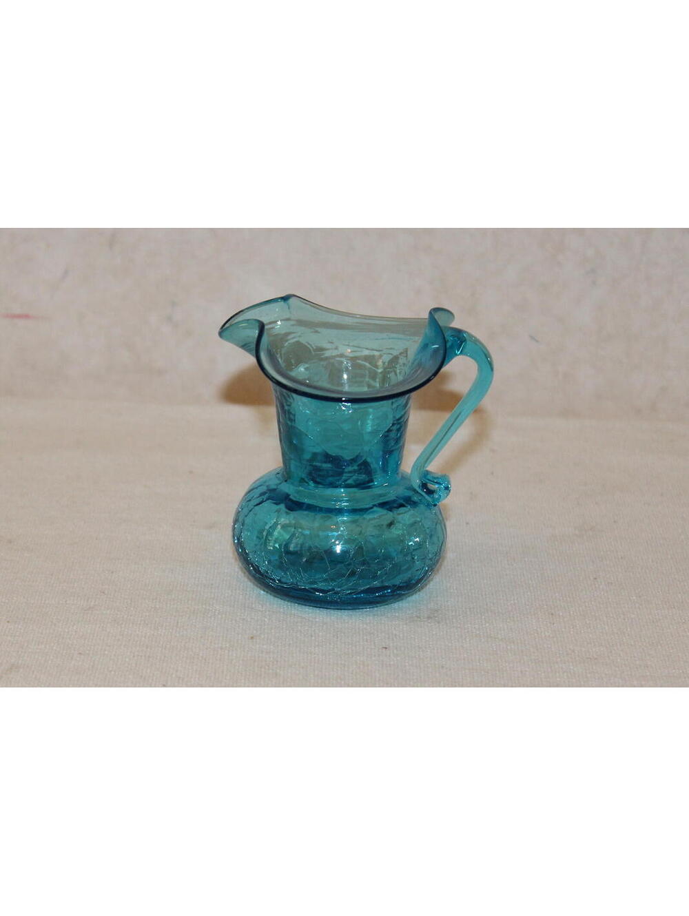 Vintage Blue Crackle Glass Mini Pitcher Hand Blown Art Glass Creamer Vase